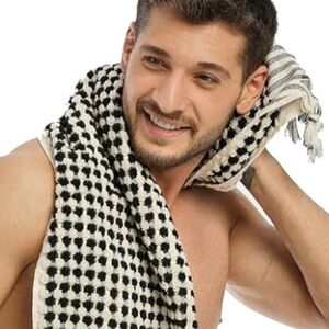 Turkish Cotton Spa Hair Peshtemal XL Hand Towel Black Ivory Houndtooth Pom Poms